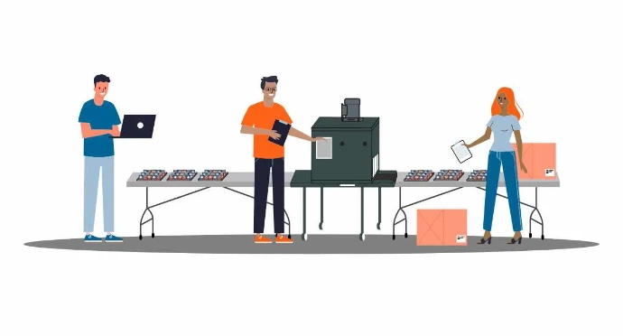 Manufacturing Illustration A flat vector illustration of a production or quality control line. Three workers are positioned behind long tables: one using a laptop, one holding a clipboard near a piece of black machinery, and one holding a document next to shipping boxes. Small, colorful product packages are lined up across the tables.